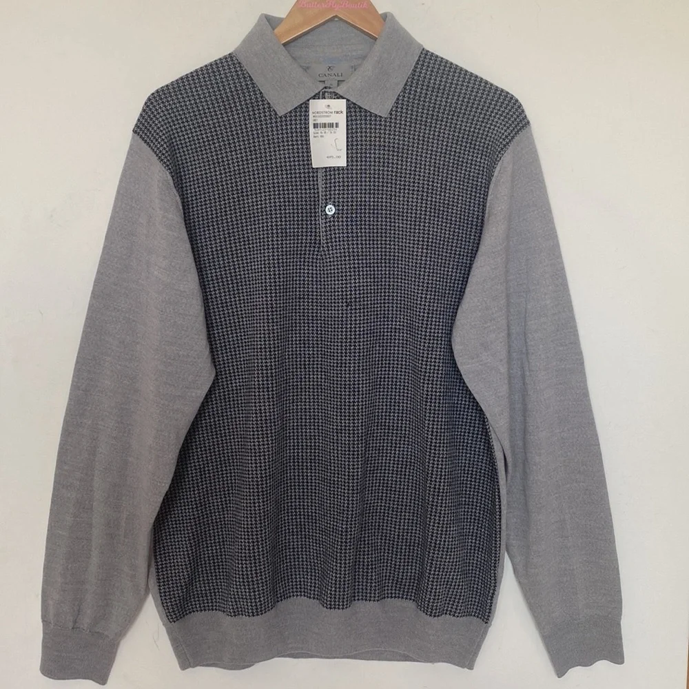 Canali Mens Long-sleeve Gray & Black‎ Houndstooth print front Sweater, Size XXL